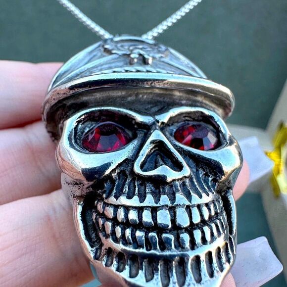 Men's Bold Skull Pendant Necklace with Red Eyes - 24" Stainless Steel Chain - Picture 11 of 17